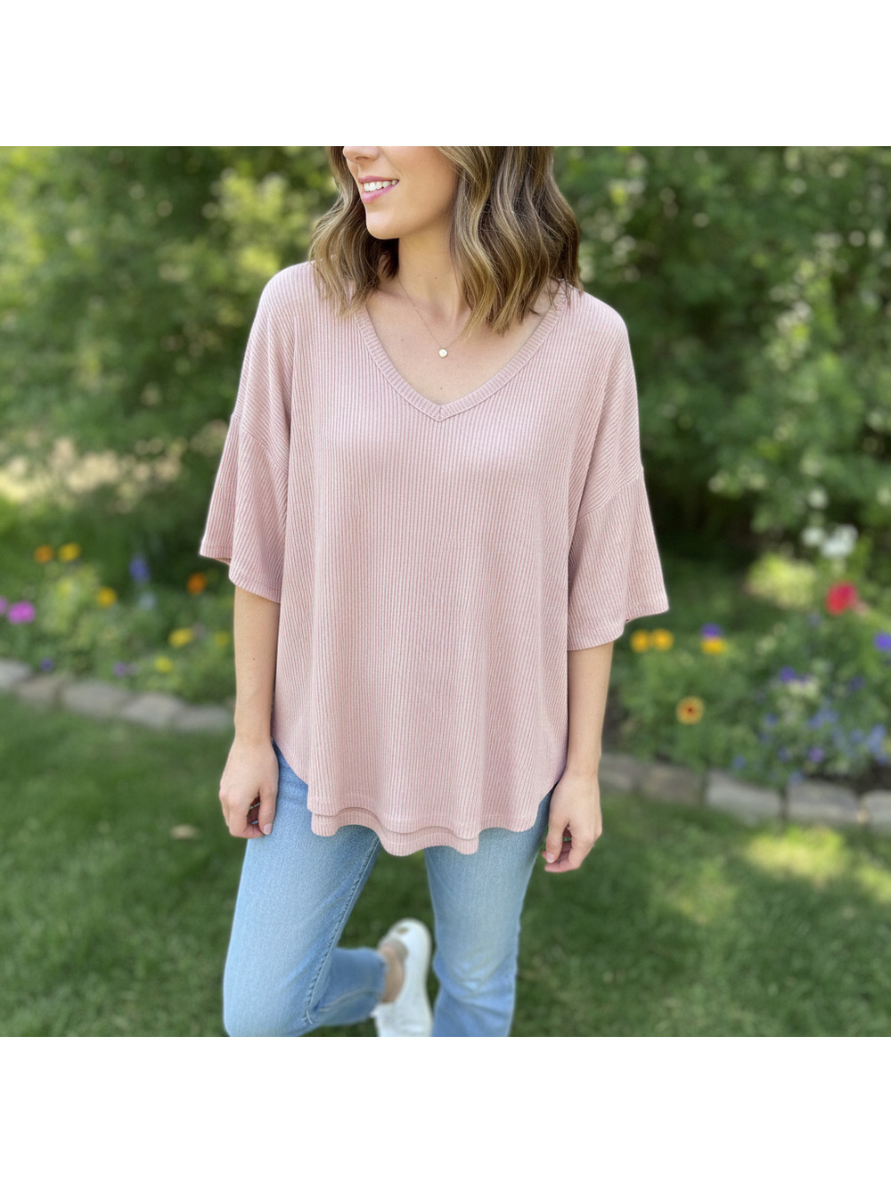 a new day Pink V-Neck Lightweight Casual Top, Size Large, Soft Stretchy Fabric